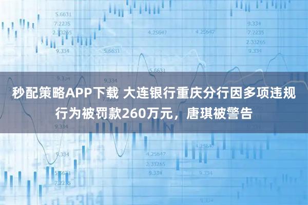 秒配策略APP下载 大连银行重庆分行因多项违规行为被罚款260万元,唐琪被警告